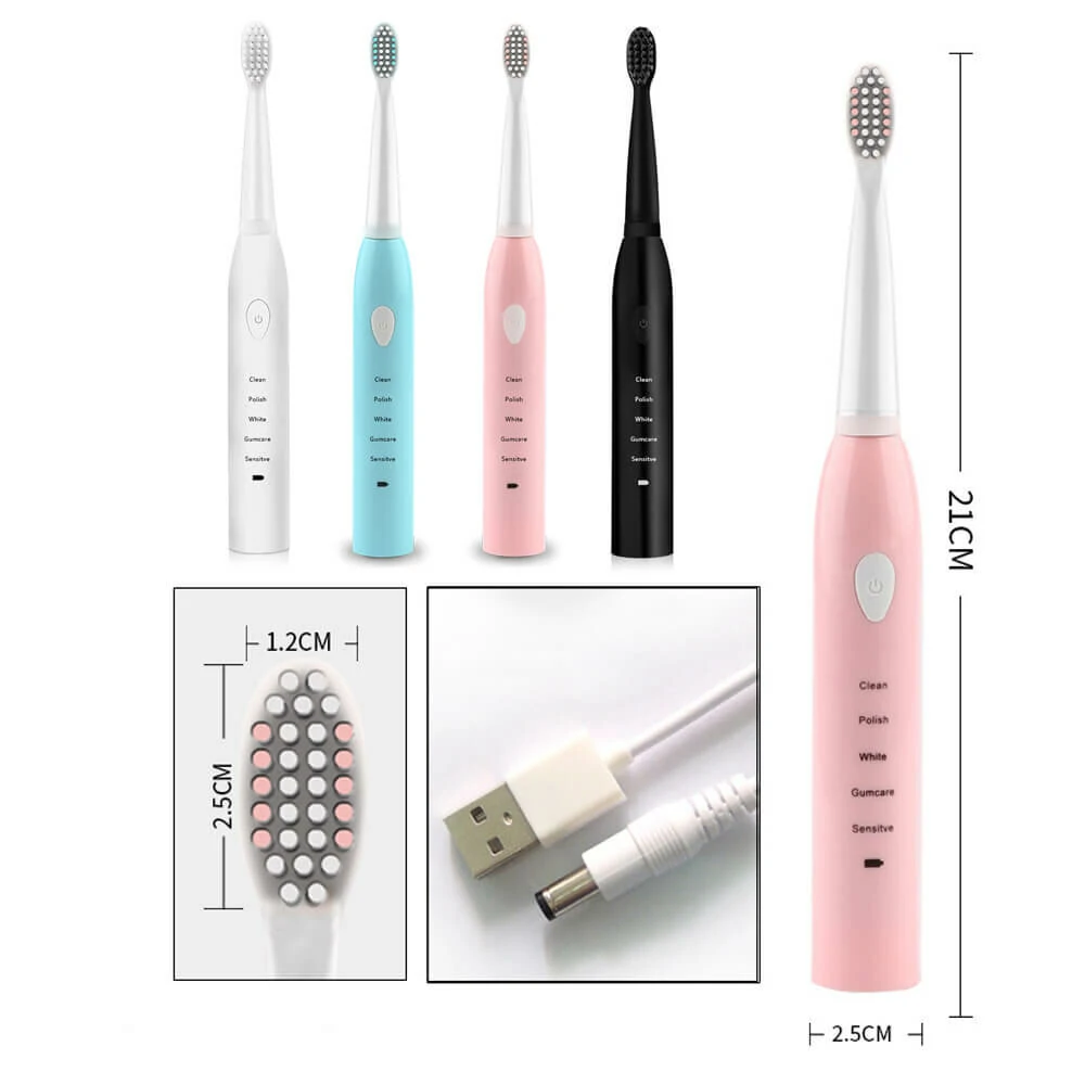 (image for) IPX7 Ultrasonic Electric Toothbrush 5 Modes USB Rechargeable Sonic Automatic Teeth Cleaner with 4 Brush Heads